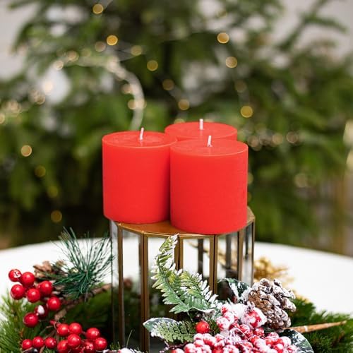 CANDWAX Assorted 3x3, 3x4, 3x8 Inch Red Pillar Candles Set of 3 - Smokeless Dripless Red Pillars - Perfect for Home Decor, Dinner Table Centerpieces, Party Decorations - Unscented Candles