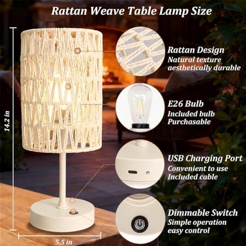 Boho Cordless Outdoor Table Lamps, Rechargeable Battery Operated Rattan Table Lamps, Stepless Dimmable, for Covered Patio, Porch, Gazebo, Living Room, Bedroom Decor- Set of 2 (Ivory White)