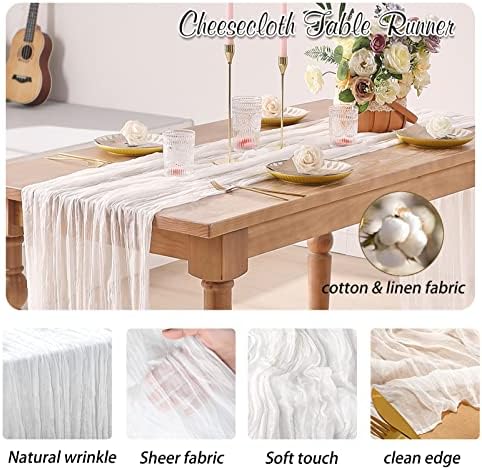 White Cheesecloth Table Runner 6 Pack 35" Boho Gauze Runner 120 inches Long Runner Rustic Sheer Fabric Bulk for Baby Shower Wedding Bridal Birthday Party Table Decorations