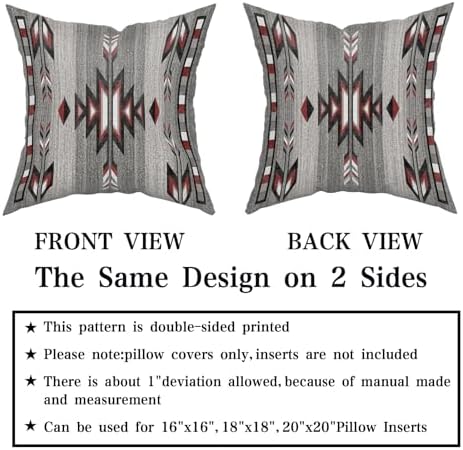 Giwawa Southwestern Throw Pillow Covers, Red Gray Black Native American Pillow Cases Set of 2, Ethnic Tribal Geometric Square Cotton Cushion Covers for Sofa Porch Bedding Patio Decor, 16x16 Inch