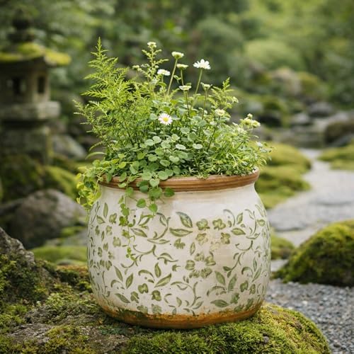 Vintage Ceramic Flower Pot, 6.5in, with Drainage & Filter