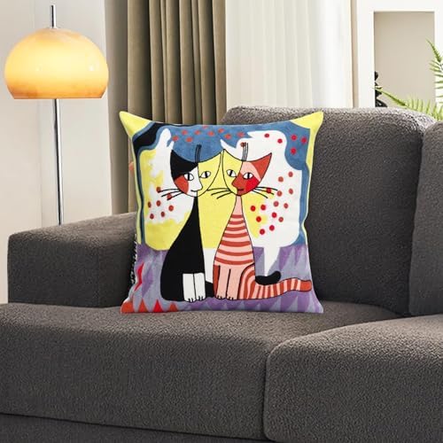 1 Pcs Embroidered Decorative Throw Pillows Covers for Sofa Decor Cushion Cases 18 x 18 Inch (Cute Cat)