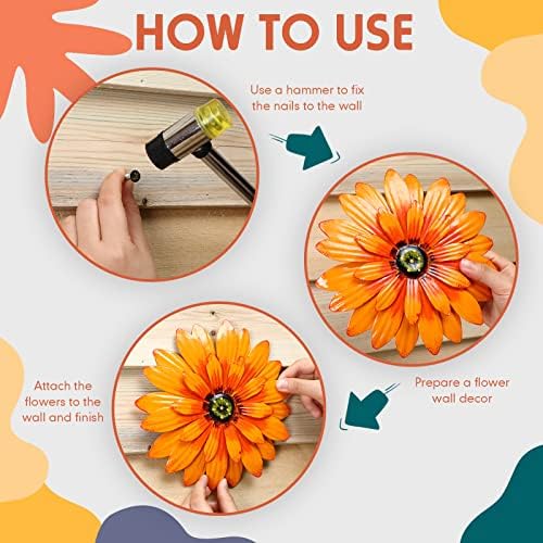 Zhehao 6 Pcs Metal Flower Wall Art Decor 8 Inch Sunflower Wall Decorations Hanging Outdoor Art Multicolored Handmade Metal Flowers Outdoor Decor(Elegant Color)