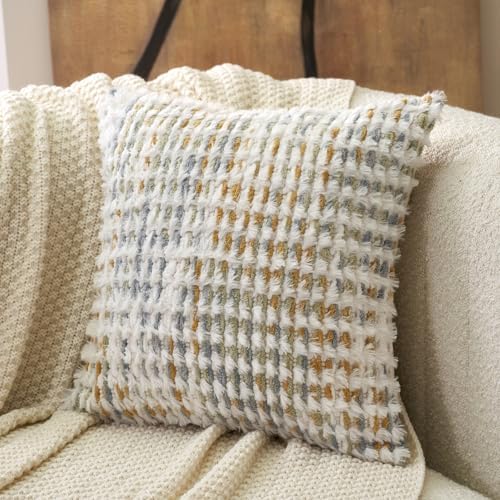 Aeckself Boho Chenille Tufted Pillow Cover 18 x 18 Inch, Decorative Square Throw Pillow Cover Neutral Pillowcase for Couch Bedroom Living Room, Yellow White