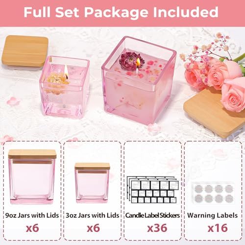 CONNOO 12 Pack 9oz & 3oz Pink Glass Square Candle Jars with Bamboo Lids