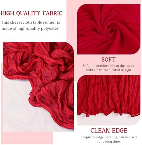 2 Pack 120 Inch Red Cheesecloth Table Runner Boho Rustic Gauze Sheer Romantic 10 FT Long Cheese Cloth Table Runner for Bridal Baby Shower Wedding Party Birthday Holiday Home Easter Decor