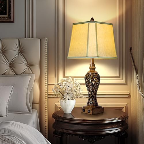 28.5" Farmhouse Vintage Table Lamp Set of 2 with Nightlight, Dark Bronze