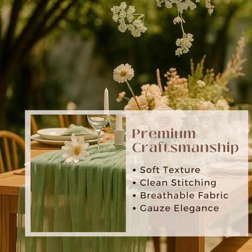 10FT Sage Green Cheesecloth Table Runner – 120 Inch Gauze Table Decor for Rustic Wedding, Garden Baby Shower, Farmhouse Bridal Brunch or Boho Home Styling