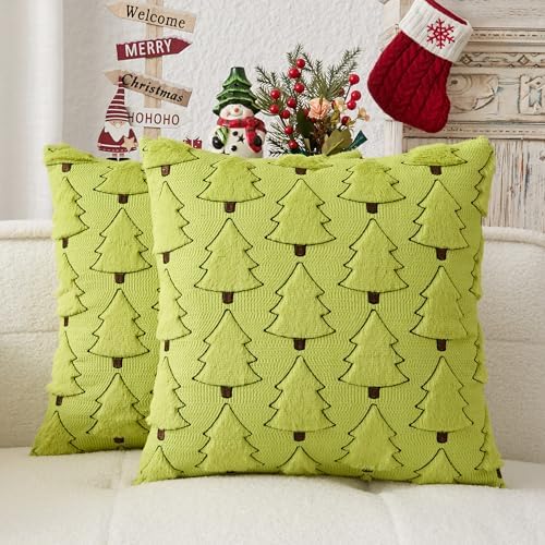 Kevin Textile Christmas Tree Pillow Covers 16x16 Inch Set of 2 Luxury Embroidery Soft Plush Faux Fur Decoration Pillowcases for Couch Sofa Holiday Festivals Winter Xmas Gift, Green