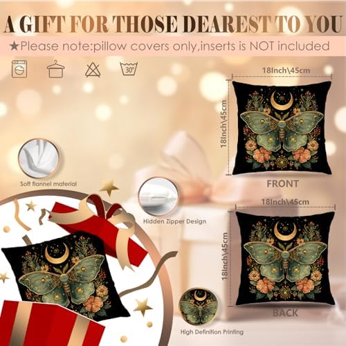 Mystical Luna Moth Pillow Cover 18x18 Double-Sided, Witchy Gothic Celestial Dark Floral Green Butterfly Decorative Throw Pillow Cover for Home Bedroom Living Room