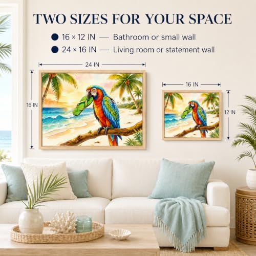 Framed Funny Parrot Bathroom Wall Art, Tropical Macaw Coastal Canvas Print | Coastal Beach Decor Colorful Bird Picture for Bath Pool House Tropical Palm Tree Poster Beach House Wall Decor 16x24Inches