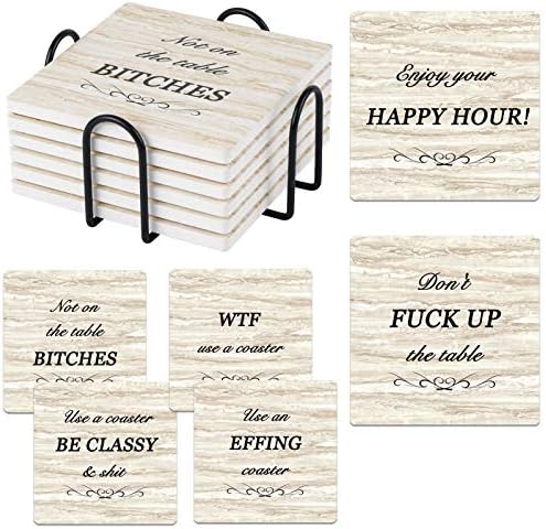Funny Coasters for Drinks, Coasters Set of 6 Ceramic Coaster with Cork Base Coasters for Wooden Table Housewarming Gift New Home Apartment Kitchen House Decor Gift for Women Men