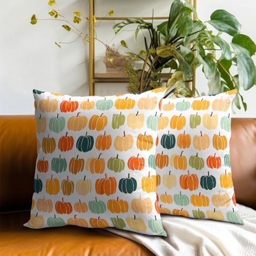 Fall Pumpkin Throw Pillow Cover 18X18 Inch Set of 2 Autumn Orange Pumpkin Outdoor Pillow Cases Colorful Autumn Thanksgiving Harvest Farmhouse Square Cushion Cover For Sofa Couch Porch Patio Home Decor