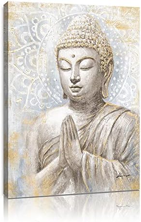 Gold Buddha Wall Art Decor: Small Laughing Buddha Painting with Mandala Flower and Gold Leaf Buddha Pictures for Living Room Bedroom Yoga Room Buddhist Meditation Room Home Decorations 12x16inch