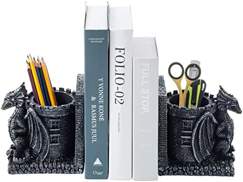 MyGift Gothic Dragon Bookends with Castle Pencil Cup, Black Resin, 1 Pair