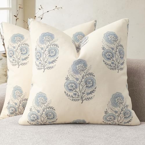 YCOLL Vintage Floral Print Pillow Covers 16x16 Set of 2 Patterned Accent Decorative Cushion Covers Modern Farmhouse Throw Pillow Covers for Sofa Couch Chair Bed Living Room Home Decor, Light Blue