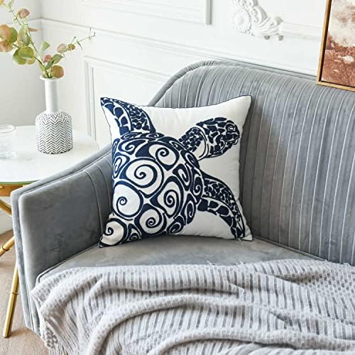 Embroidered Cute Nautical Animal Pillow Cover,Square 18 Inches Decorative Canvas Pillow Cover for Nautical Style Deco by (Navy-Sea Turtle)