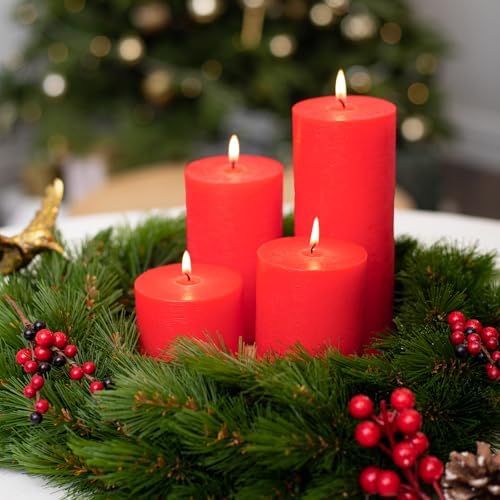 CANDWAX Large Pillar Candles 3x6 Inch – Set of 3 Unscented Dripless Red Candles, Rustic Design for Events, Weddings, Home Styling