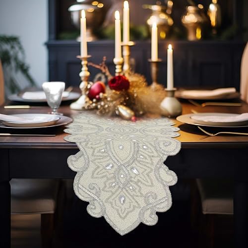 COTTON CRAFT Handmade Beaded Table Runner - 13x36 inches - Ivory & Silver