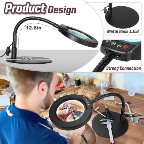 30X 10X Magnifying Glass with Light and Stand, 5 Color Modes Stepless Dimmable LED Lighted Desk Lamp, Hands Free Magnifier with Flexible Goose-Neck for Craft Hobby Painting Sewing Close Work - Black