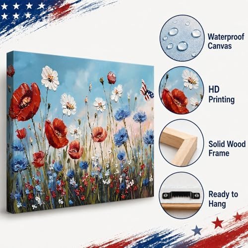 Patriotic Red White Blue Wildflower Wall Art, 4th of July Floral Canvas Prints, Framed Independence Day Wall Decor, American Flag Butterfly Artwork for Bedroom Office, Made in USA