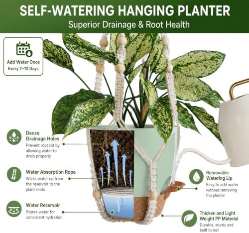 Bouqlife Large Hanging Planters with Macrame Plant Hangers for Indoor Outdoor Plants 3 Set 10" / 8" / 7" Self Watering Pots Hanging Baskets Flower Pot Holders 3 Different Size Green Large