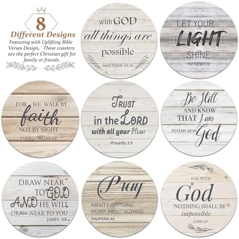 Billbotk Ceramic Coasters with Bible Verses, Christian Coasters Set of 8 with Holder, Absorbent Drink Coasters for Christian Gifts and Home Decor, 4 Inches