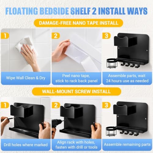 Metal Bedside Wall Shelf, No Drill Floating Bedside Shelf Wall Organizer