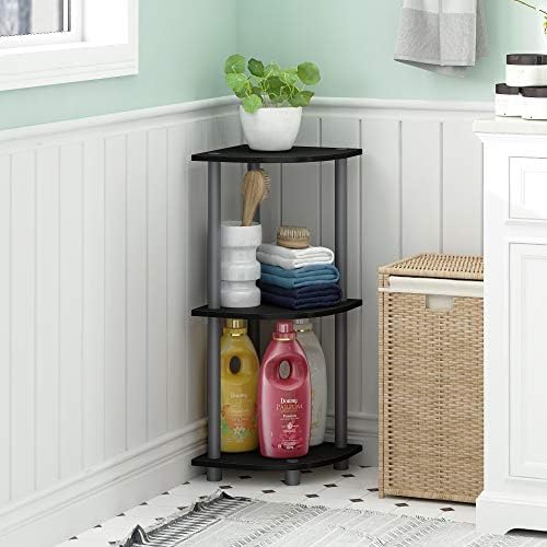 Furinno TURN-N-TUBE Corner Shelf, 3-Tier Corner Bookshelf, Display Storage Shelves with Open Shelves, for Organization and Storage, Living Room, Home Office, Garage, Black