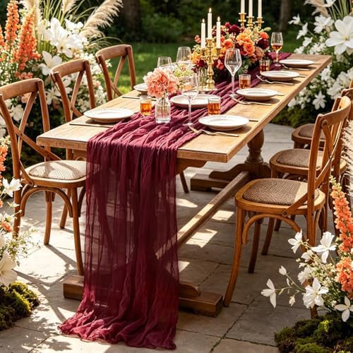 3Pcs Burgundy Table Runner, 10FT Boho Rustic Burgundy Maroon Table Runner 120inch Cheese Cloth Red Runner for Wedding Christmas Birthday Holiday Party Decorations