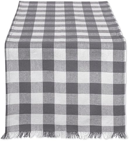 DII Fringed Check Tabletop, Table Runner, 14x108, Gray
