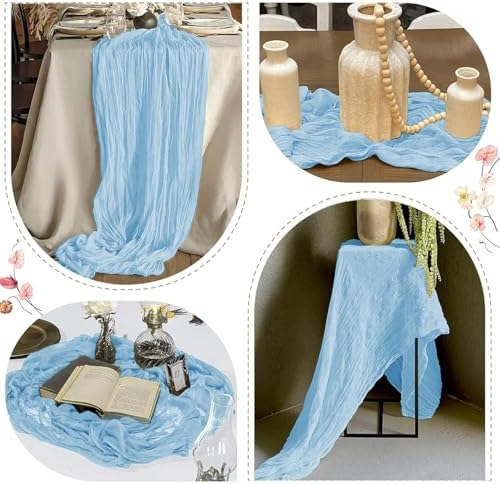 12 Pack Baby Blue Cheesecloth Table Runner 17 x 108 Inch Gauze Table Runner Fabric Semi Sheer Cheese Cloth Table Decor Bulk for Rustic Romantic Wedding Baby Shower Table Decoration
