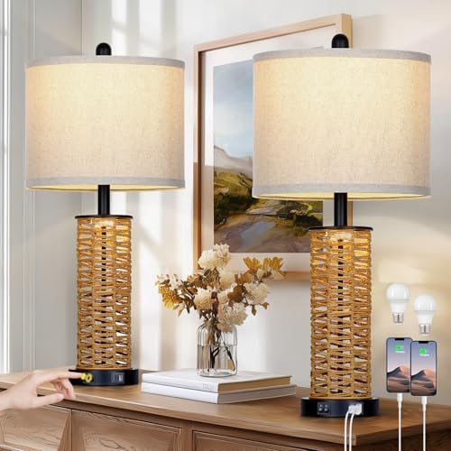 CINSARY 27" Boho Rattan Table Lamps Set of 2, Coastal Bedside Lamp with Night Light, Woven Wicker Bedroom Nightstand Lamps with USB A+C Charging Port, Tall Farmhouse Lamp for Living Room End Table