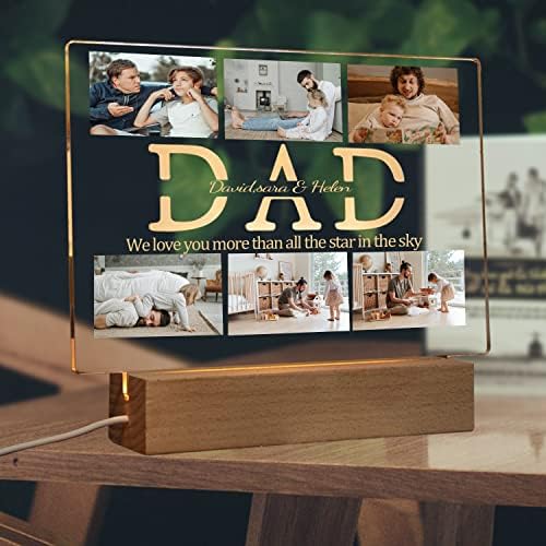 Personalized Photo Acrylic HAPPY FATHERS DAY Sign Plaque Gifts for Dad Papa Grandpa from Daughter Son Wife Customizable LED Night Light Wooden Base Lamps Desk Bedroom Decor Signs