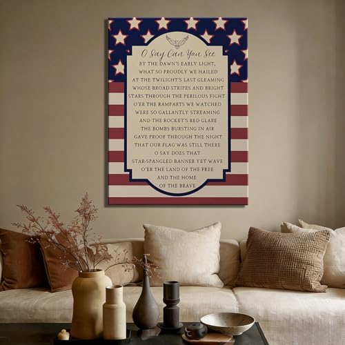Patriotic O Say Can You See Wall Decor 16x24 In, Star Spangled Banner National Anthem Canvas Art, 4th of July Independence Day Framed Prints for Home & Office, Made in USA