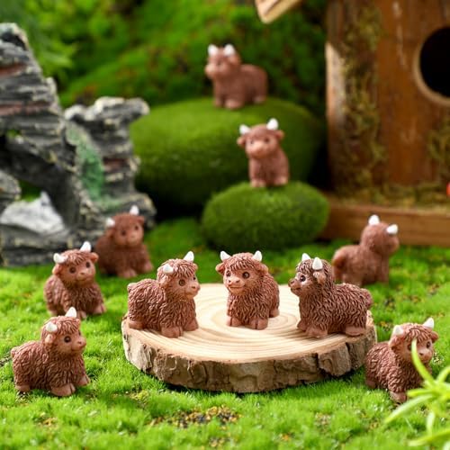 Wesiti 100 Pcs Mini Resin Highland Cow Tiny Cow Figurines Bulk Mini Small Animal Decor to Hide for Cake Decorations Cute Miniature Sculpture Micro Landscape Office Garden Desk Party Tabletop Decor