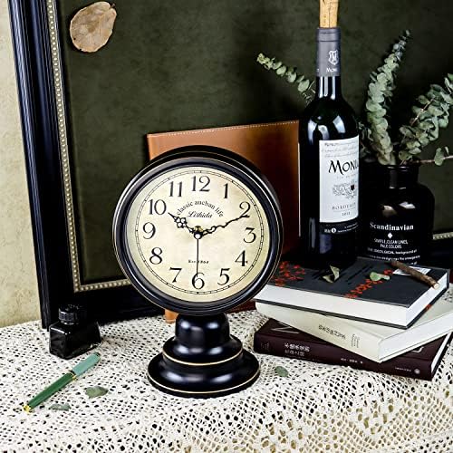 Mid Century Modern Desk Clock - Vintage Tabletop Metal Clock for Bedroom, Kitchen, Office, Living Room - Silent Decor - Battery Operated - Black