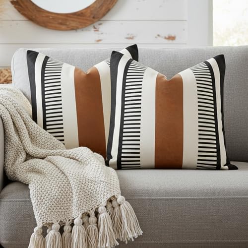 Pack of 2 Faux Leather and Cotton Patchwork Throw Pillow Covers for Sofa Couch Farmhouse Decorative Square Cushion Cover Boho Stripe Accent Pillow Case 20 x 20 Inch, Black