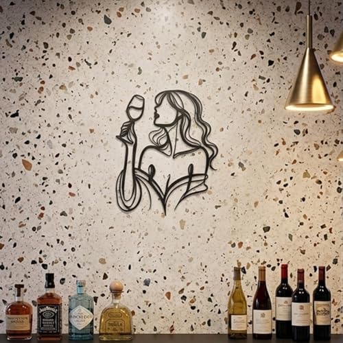 LIYAOLI Black Metal Wall Art Decor, 3D Woman Drinking Wine Sculpture for Bar, Kitchen
