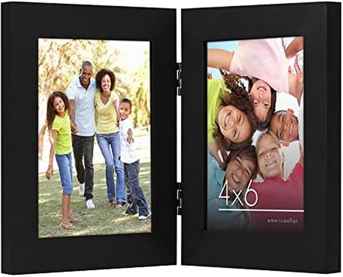 Americanflat Hinged 4x6 Picture Frame with Shatter-Resistant Glass - Double Picture Frames with Engineered Wood - Signature Collection - Photo Frame for Tabletop Display - Black