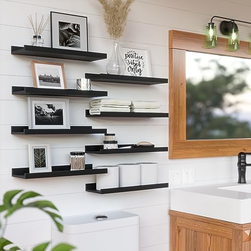 RICHER HOUSE 8-Set Floating Shelves with Lip, Black Wall Mounted Wood Shelf