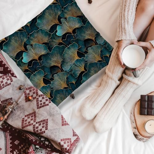 Dark Teal and Gold Ginkgo Leaf Throw Pillow Cover 18x18