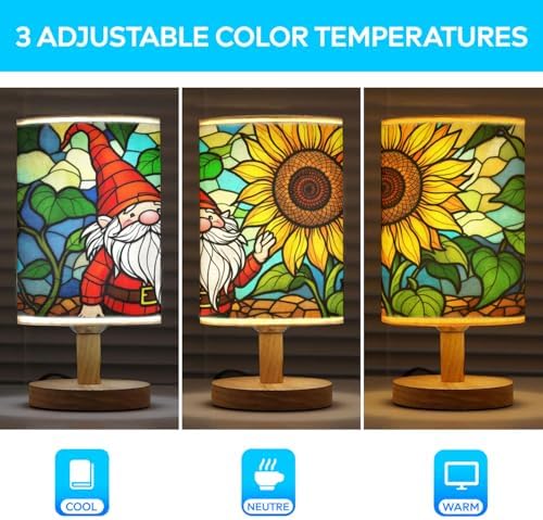 Gnome with Sunflower Table Lamp LED 3-Color Pressed Bedside, Gnome with Sunflower Shade Lamp with Wood Base for Bedroom Living Room Desk Office TL01
