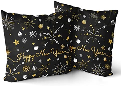 Giwawa 2 PCs Happy New Year Pillow Covers 16"x16" Winter Snowflake Firework Throw Pillowcase with Colorful Star Christmas Ball Square Black Gold Cushion Cover for Sofa Couch Car Bed Home Xmas Decor
