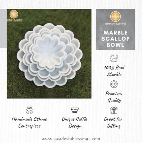 HandCrafted Marble Decorative Bowl | White Ruffle Scalloped Fluted Key/Fruit Ring Dish | Organic Modern Home Decor (10 Inches)