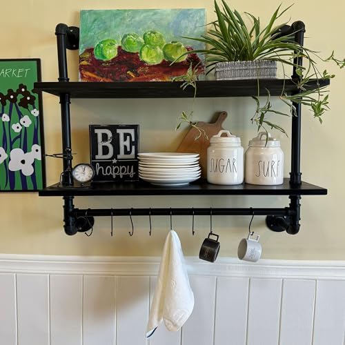 ROGMARS Industrial Pipe Shelving Pine Wood Black Floating Shelves for Wall
