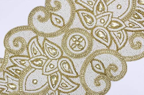 COTTON CRAFT Handmade Beaded Table Runner - 13x36 inches - Ivory & Gold