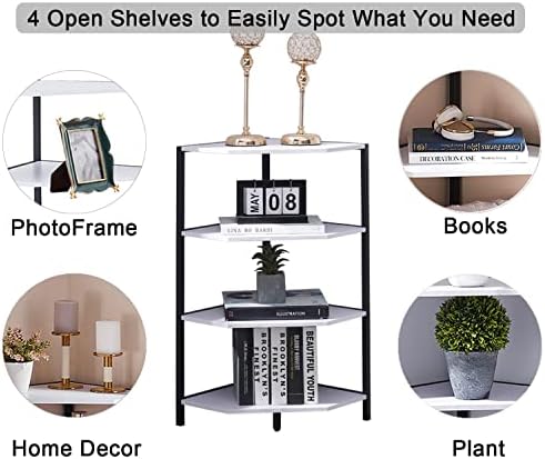 VECELO 31 Inch Corner Shelf, 4-Tier Display Shelves, Wood Storage Stand with Metal Frame, Multipurpose Shelving Unit for Small Space, Home Office, White