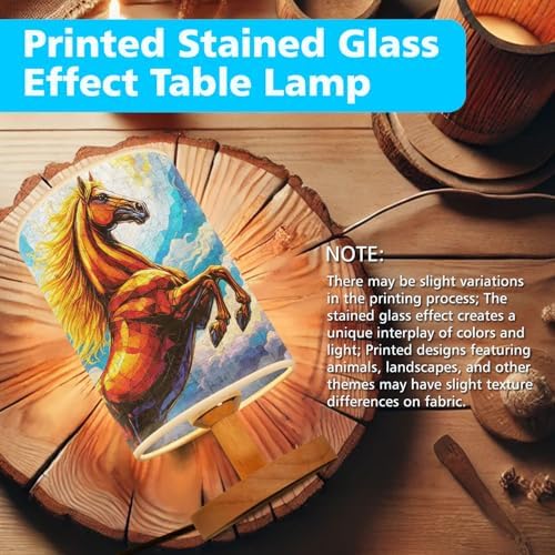 Horse Table Lamp LED 3-Color Pressed Bedside, Horse Shade Lamp with Wood Base for Bedroom Living Room Desk Office TL01
