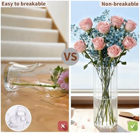 Flower Vase, Non-breakable Vase for Flower, Ribbed Acrylic Vase, 5"W x 16"H Tall Clear Cylinder Vases for Centerpieces, Living Room, Dining Table, Office, Bookshelf Decoration Housewarming Gift